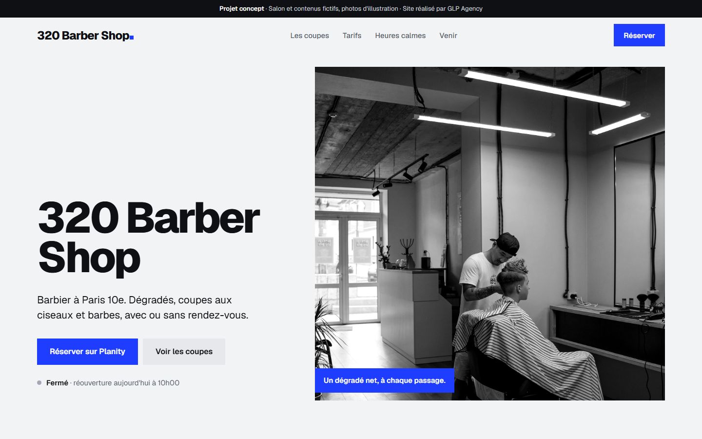 Page d'accueil du site concept 320 Barber Shop